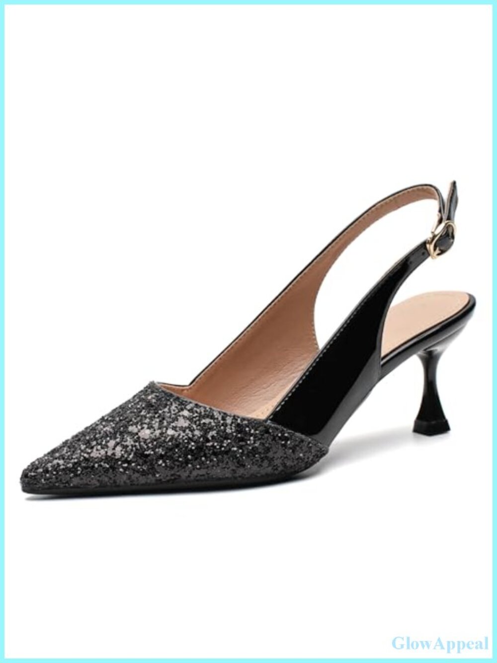 Kitten Heel Pumps Sequin Pointed Toe Faux Leather Slip-On Slingback
